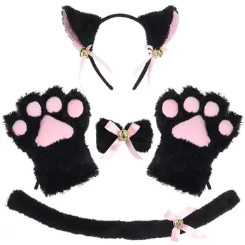 Cat Cosplay Costum Set Pisoi Coada Urechi Guler Labe Mănuși Kit pentru Accesoriu de Halloween Hairwear Hairband Urechi Neko Set Fantezie
