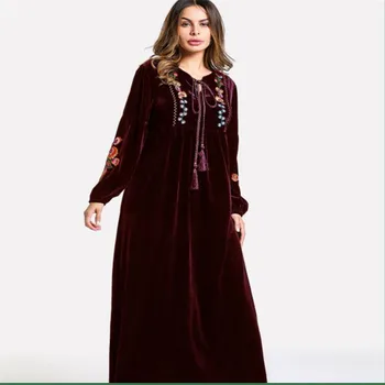 Catifea Brodate Rochie Lunga de Toamnă de Primăvară 2019 Pleuche Rochii Maxi Pentru Femei Musulmane Dubai Arabe Casual Haine Mujer de Sus CQ2906