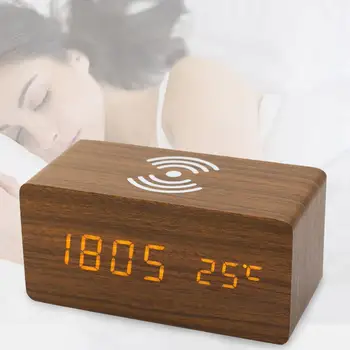 Ceas cu Alarmă Digital cu Incarcare Wireless Dormitor din Lemn Electric LED-uri Ceas de Birou