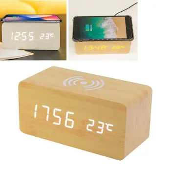 Ceas cu Alarmă Digital cu Incarcare Wireless Dormitor din Lemn Electric LED-uri Ceas de Birou