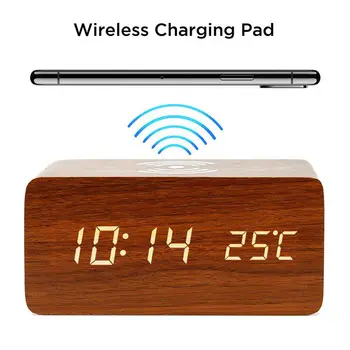 Ceas Cu Alarmă Pentru Qi Wireless Charging Pad Compatibil Cu Iphone, Samsung Lemn Led Ceas Digital De Sunet Funcția De Control,