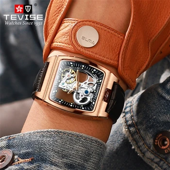 CEAS TEVISE Nouă bărbați ceas mecanic tip butoi gol afară de piele de moda bărbați ceas pătrat luminos populare bărbați ceas