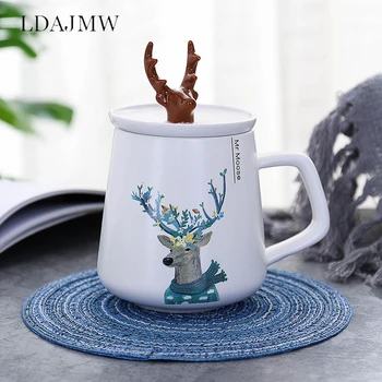Ceașcă de cafea cu capac/lapte cupa Nordic creative de corn de cerb, ceramica desene animate student cuplu stil familie de zi cu zi bea ustensila
