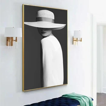 Cel Mai Bun Alb Negru Moda Purta O Pălărie Fata De Arta De Perete Panza Pictura Nordică Postere Si Printuri De Imagini Decorare Pentru Camera De Zi
