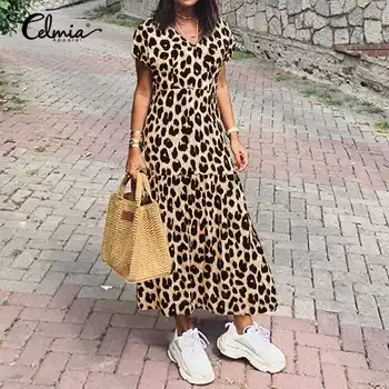 Celmia Boeme Rochie Lunga Sexy Femei V-neck Leopard Print Maxi Sundress Maneca Scurta Volane Petrecere pe Plaja Vestidos Plus Dimensiune