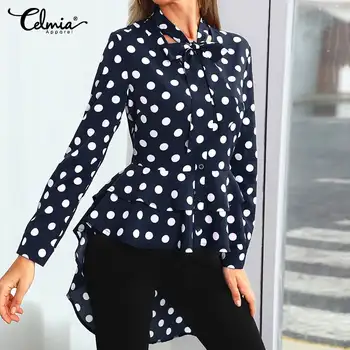 Celmia Moda cu Buline Papion Maneca Lunga pentru Femei Bluze Asimetrice Top Tunica Lunga Camasa Casual Butonul de Muncă Blusas Mujer
