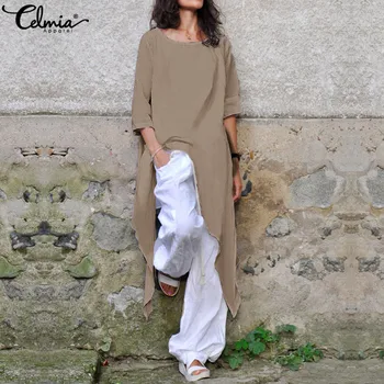 Celmia Plus Dimensiune Tunica Asimetric Topuri pentru Femei Vintage Bluze de Vară Jumătate Tricouri Casual cu Maneci Lung Liber Blusas Femininas