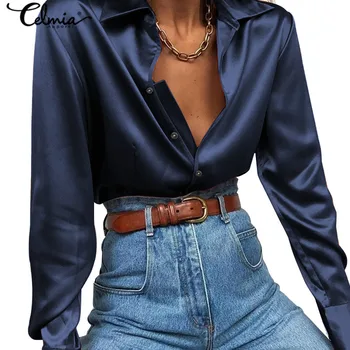 Celmia Tricou Femei 2021 Moda Sediul de Bază Tricouri Maneca Lunga Elegan Bluze din Satin 5XL Plus Dimensiunea Vrac Tunica Topuri Solid Blusas