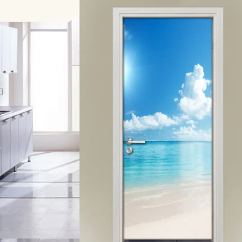 Cer albastru Nori Albi Plaja Ocean View Modern Living, Dormitor cu Usa Murală Autocolant PVC rezistent la apa Fundal Papel De Parede 3D