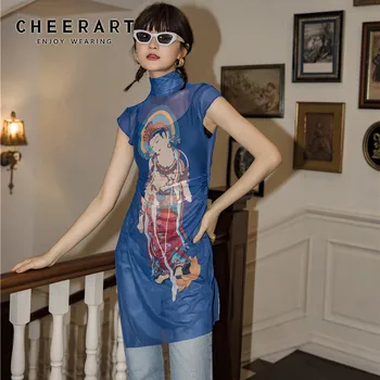 CHEERART Buddha Imprimare Guler Ochiuri Lungi Bluza Femei, Albastru, cu Maneci Scurte de Vară Doamnelor Top Asimetric de Moda 2020