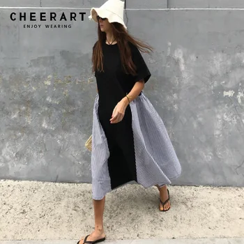 Cheerart De Vară Pierde Lung Rochie Cu Dungi Pentru Femei Mozaic Leagăn Rochie Casual Midi Rochie Coreea Moda Halat De Femme