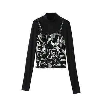 CHEERART Estetice Negru Maneca Lunga Top pentru Femei Tricou Guler Patchwork Print Tshirt Designer de Top 2021 Moda Tricou