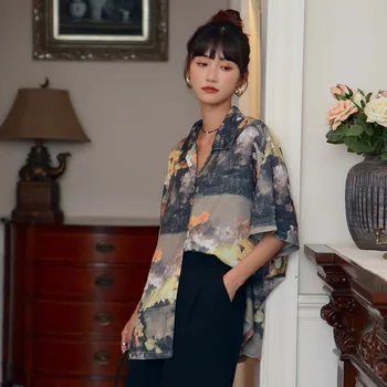 CHEERART Tie Dye Print Floral Maneca Scurta Tricou de Vara Topuri Pentru Femei 2020 Vrac Butonul Up Guler Camasa Casual Bluza coreeană