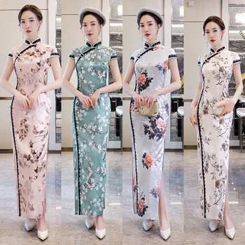 Cheongsam Chineză Rochie De Epocă Florale Imprimare Femei Tradiționale Qipao Haină Lungă Din Satin De Matase Cu Maneci Scurte Petrecere De Anul Nou Wediing