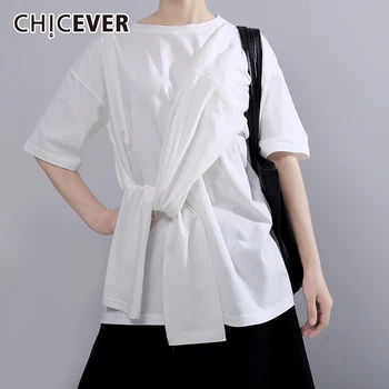 CHICEVER coreean T-shirt Pentru femeie O Gât Scurt Casual cu Maneci Supradimensionate Dantelă-Up de Vara Tricou Femei Haine de Moda Noua 2020