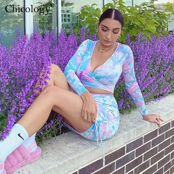 Chicology tie dye moda 2 set de două piese neon colorate crop top fusta de club haine de femei de vară 2020 streetwear haine sexy