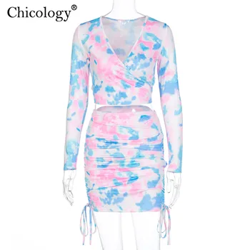Chicology tie dye moda 2 set de două piese neon colorate crop top fusta de club haine de femei de vară 2020 streetwear haine sexy