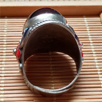 Chinez antic bronz antic bijuterii de argint încrustat cu inelul cu rubin