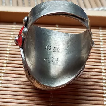 Chinez antic bronz antic bijuterii de argint încrustat cu inelul cu rubin