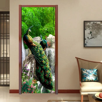 Chineză Stil 3D Pădure Verde Păun Peisaj Ușa Autocolant Living Home Decor Tapet 3D Ușa Murală din PVC rezistent la apa Decor