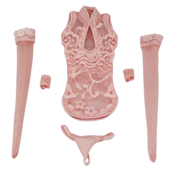 Chineză Stil Dantela Cheongsam Haine Set Cu Ciorap De 1/6 Acțiune La Scară Cifra De Sex Feminin (Fără Cap Sculpta Și Corp) - Roz