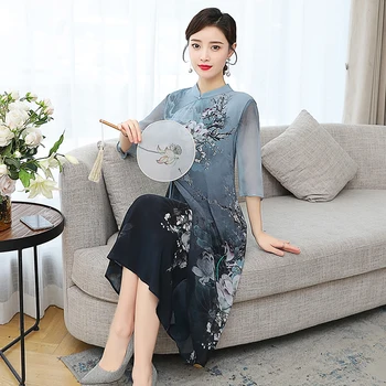 Chineză stil de rochie pentru femei timp de vara noi cu mânecă Scurtă rochie doamnelor îmbunătățit cheongsam rochie imitație de mătase eleganta