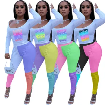 CHRONSTYLE 2020 Femei Scrisoare de Imprimare tricou Maneca Lunga Topuri de Culoare Mozaic de Înaltă Talie Pantaloni Lungi Pantaloni de Cauzalitate 2 Seturi de Piese
