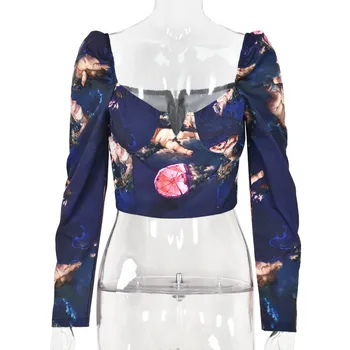 CHRONSTYLE Femei Vintage Florale Imprimare Tricouri Topuri de Cultură 2021 Sexy Gât Pătrat Low Cut Mult Puf Maneca Bluze Elegante Streetwear