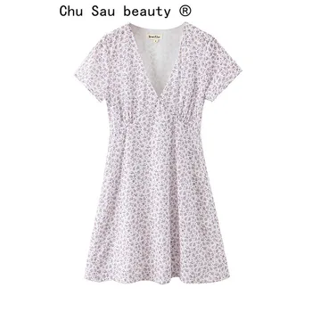 Chu Sau de frumusete Nou Fata de Moda Summer Rose Print Dulce Drăguț Rochie Mini Femeie de Vacanță Proaspete Casual Dress V-gât