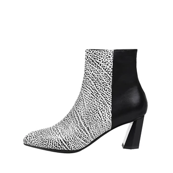 Cizme de toamna Pentru Femei Glezna cu Fermoar 6 cm Tocuri din Piele Pantofi Alb-Negru Pantofi de Moda HL135 MUYISEXI