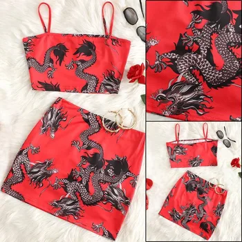 Clasic Stil De Haine Pentru Femei Costum De Dragon Print Fusta Scurta Cu Maneci Scurte T-Shirt Set Casual Doamna De Sus Și Rochie Mini Costum