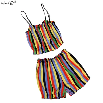 Clubwear Sexy De pe Umăr Volan Trim Crop Top & Shorts pentru Femei Set de Vara Set de Două Piese Dungi Roz și Seturi de Îmbrăcăminte de Plajă