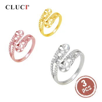 CLUCI 3pcs Argint 925 Reglabil Rose Gold Pearl Inel de Montaj Simetric Femei Zircon Nunta Inel de Logodna SR2062SB