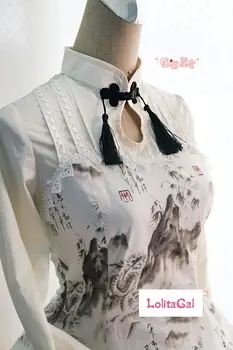 CMLOLI Dulce Stil Chinezesc Dragon și Peisaj Keyhole Neck Cerneală Imprimat cu Maneci Lungi Lolita Rochie cu Laceup Spate