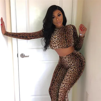 CNYISHE 2020 Leopard de Imprimare Set de Două Piese Treninguri Femei de Moda Skinny Maneca Lunga Topuri de Cultură Și Pantaloni Lungi Pantaloni Costum Seturi