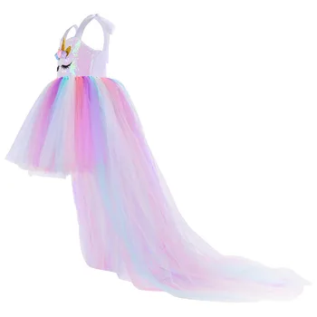 Coada lunga Unicorn Rochie pentru Fete Ziua de nastere Partid Rochie Eleganta Baby Girl Prințesă Costum de Carnaval Hairband Pastel Curcubeu Rochie