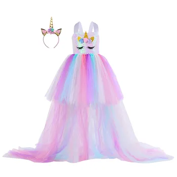 Coada lunga Unicorn Rochie pentru Fete Ziua de nastere Partid Rochie Eleganta Baby Girl Prințesă Costum de Carnaval Hairband Pastel Curcubeu Rochie