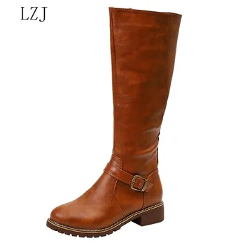 Coapsa Cizme maro Femei Vintage din piele Toc Pătrat cu Fermoar înălțimea genunchiului buckle Boot Ține de Cald Rotund Toe Pantofi Stil Britanic