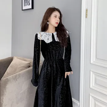 COIGARSAM 3XL Plus Dimensiune Dantelă Drăguț Femei rochie Nouă Primăvară Rochii Negre Y6861