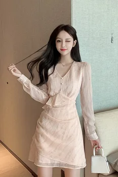 COIGARSAM Birou Doamnă Volane Femei dintr-o bucata rochie coreeană Nouă Primăvară Stil francez Complet Maneca Rochii de Imprimare Roz 2709-