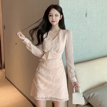 COIGARSAM Birou Doamnă Volane Femei dintr-o bucata rochie coreeană Nouă Primăvară Stil francez Complet Maneca Rochii de Imprimare Roz 2709-