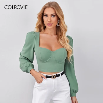 COLROVIE Dragă Gât Lantern Maneca Crop Top pentru Femei Doamnă Birou Elegant Teuri de Primăvară Solidă Slim Fit T-Shirt