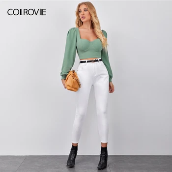 COLROVIE Dragă Gât Lantern Maneca Crop Top pentru Femei Doamnă Birou Elegant Teuri de Primăvară Solidă Slim Fit T-Shirt