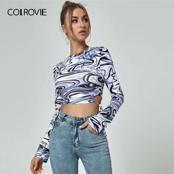 COLROVIE Multicolor Mock Neck Tie Side Cultură Slim Fit Tee pentru Femei de Vara cu Maneci Lungi decupate Tiv Casual T-shirt