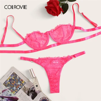 COLROVIE Neon Roz Floral Lace Underwire Set de Lenjerie Sexy Femei Intimii 2019 Lounge Sutien Si Tanga Set de Lenjerie de corp de sex Feminin