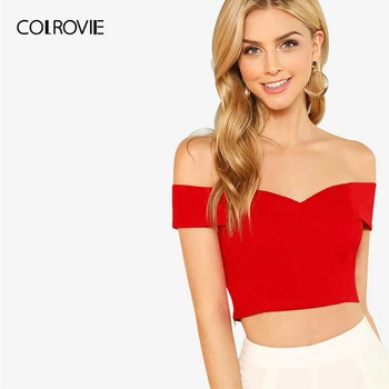 COLROVIE Roșu Elegante, haine de Lucru Dragă Slim Crop Top Ori Peste Bardot fără Mâneci Cami Femei Vara Bretele Rezervor de Îmbrăcăminte