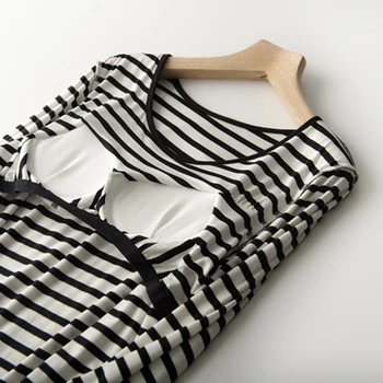 Construit În Sutien T-shirt Femei Modal cu Dungi Moale cu Maneci Lungi Căptușit Lenjerie Lounge Pierde Respirabil Dormit Topuri Haine Femei