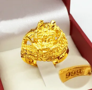COOL Cap de Leu Chinezesc dragon Inele de 24 K Galben de Aur Masiv FINISAJ Bărbați Animal Sz la va ștampila 999