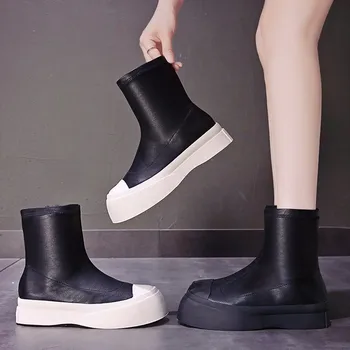 COOTELILI Femei Glezna Cizme Cald Pantofi de model Pentru Femeie Rotund Deget de la picior Toc 4cm Zip Pantofi Negru Și Alb de Bază Botas Mujer 35-40
