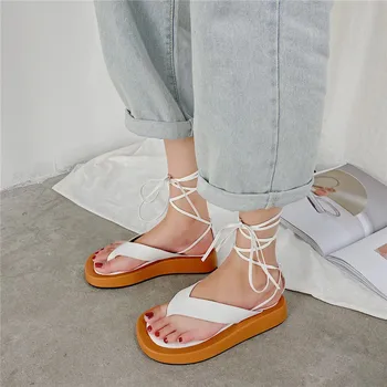 COOTELILI Femei Vara Sandale Pantofi de Moda 2020 Noua Moda Sandale Non-alunecare Platforma de 4 cm Toc Sandale cu Catarama Casual Dantela-Up